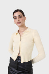 Pale yellow zip up fitted knit top