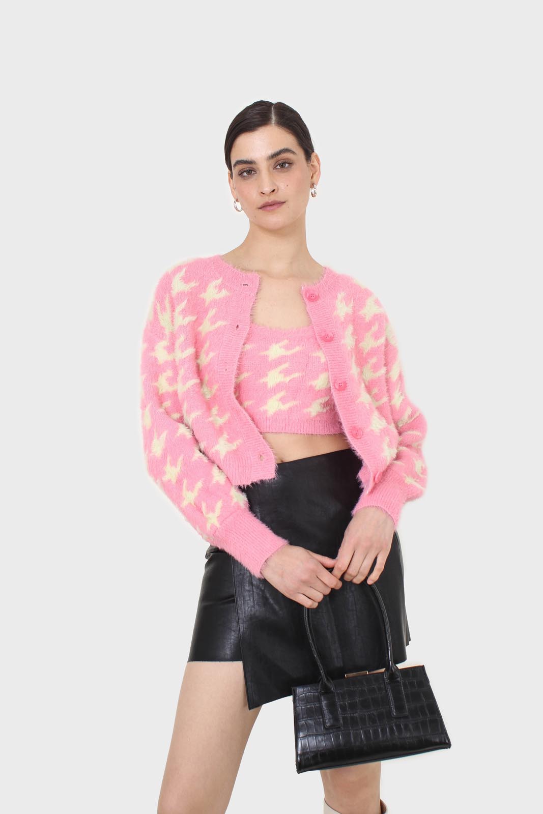 Pink and cream houndstooth fuzzy bralette