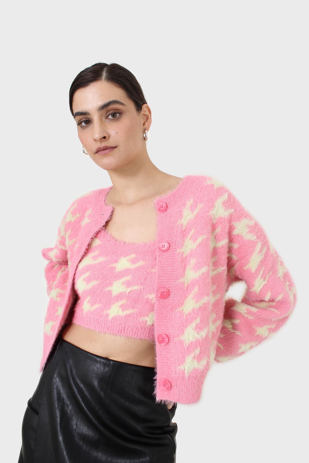 Pink and cream houndstooth fuzzy bralette