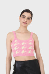 Pink and cream houndstooth fuzzy bralette