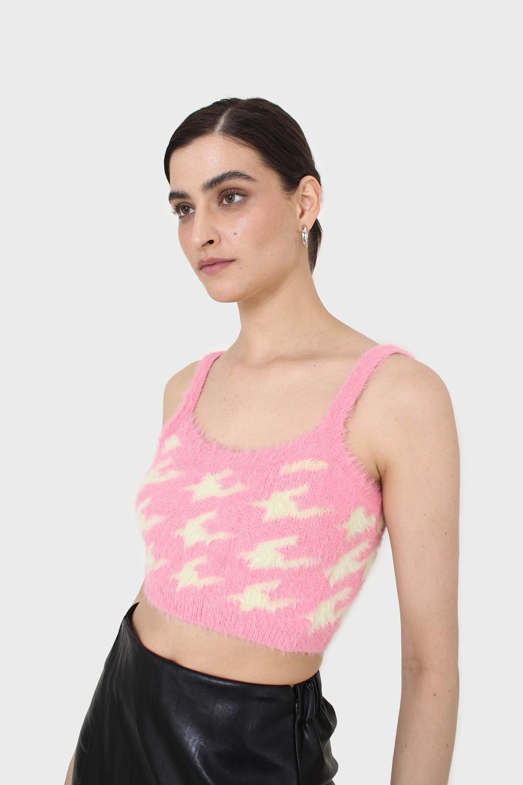 Pink and cream houndstooth fuzzy bralette