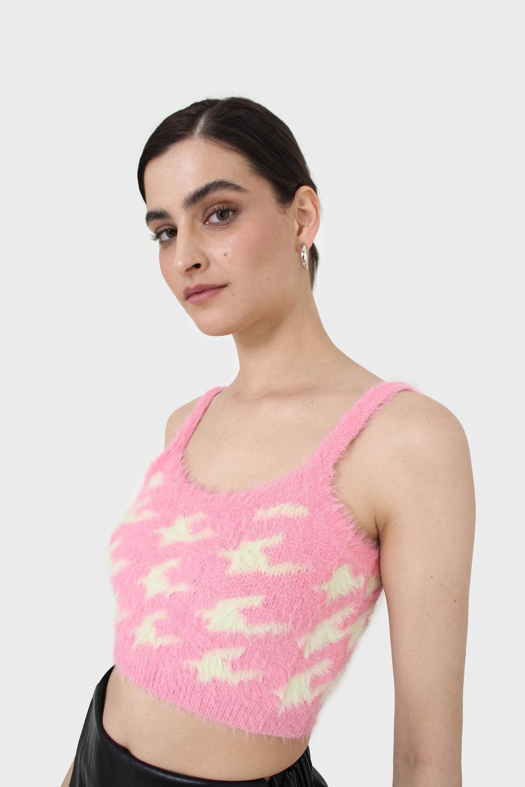 Pink and cream houndstooth fuzzy bralette