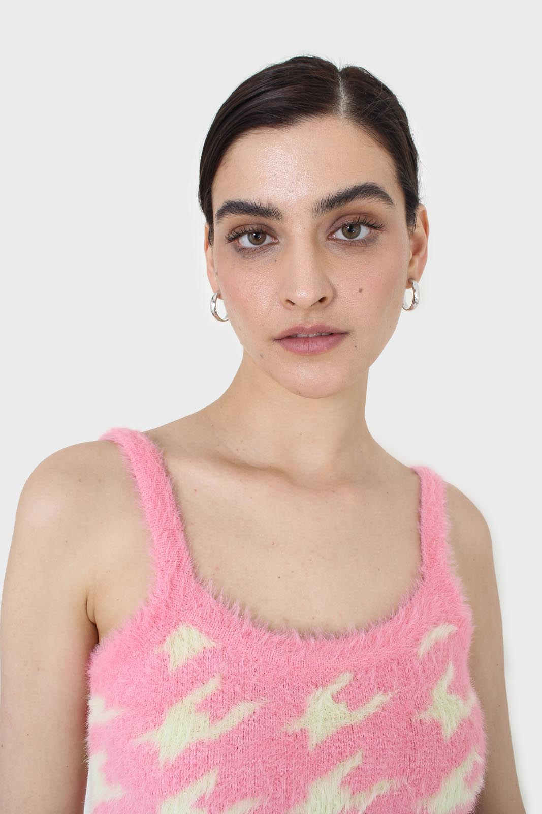 Pink and cream houndstooth fuzzy bralette