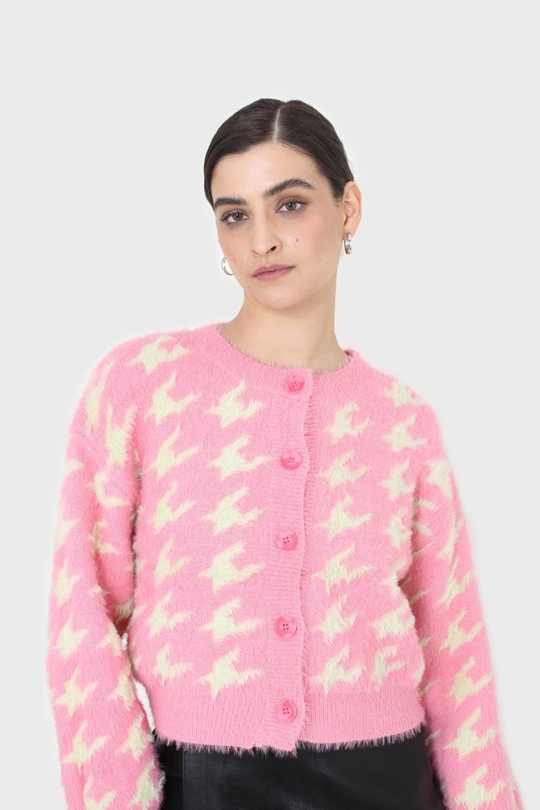 Pink and cream houndstooth fuzzy cardigan