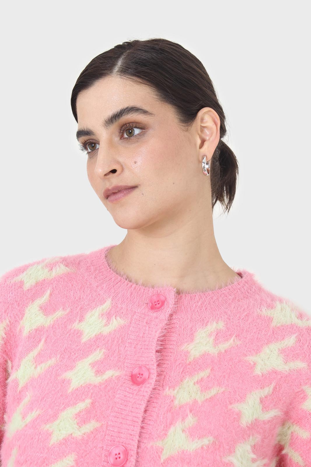 Pink and cream houndstooth fuzzy cardigan
