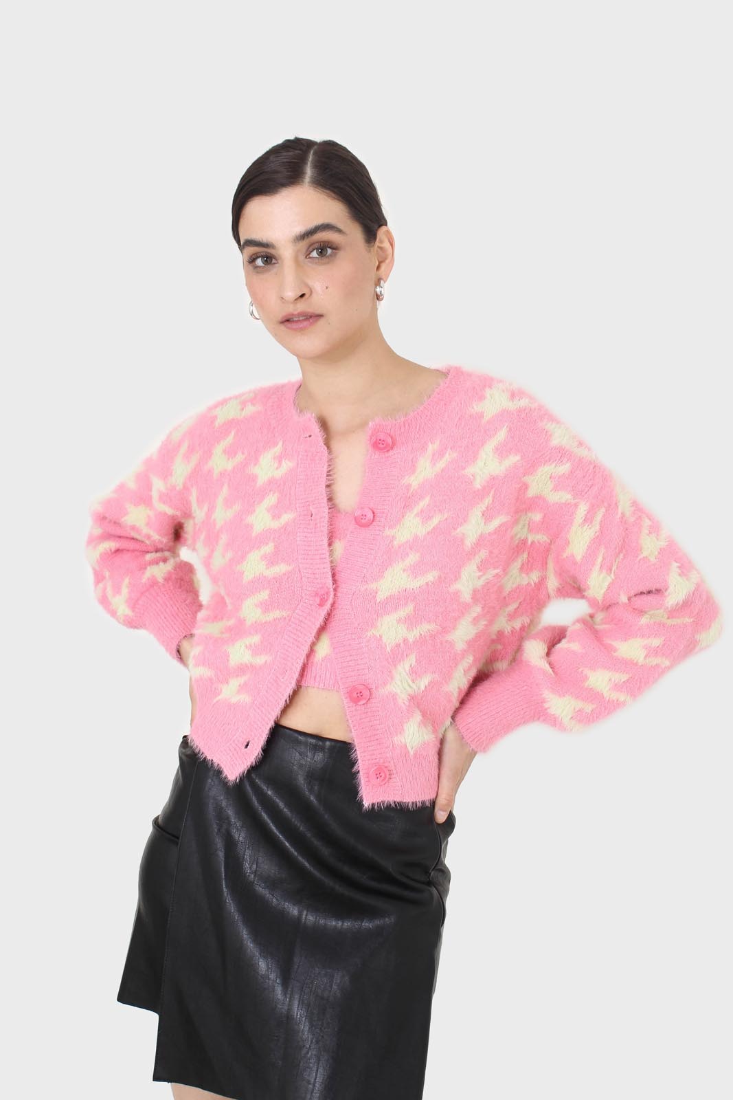 Pink and cream houndstooth fuzzy cardigan