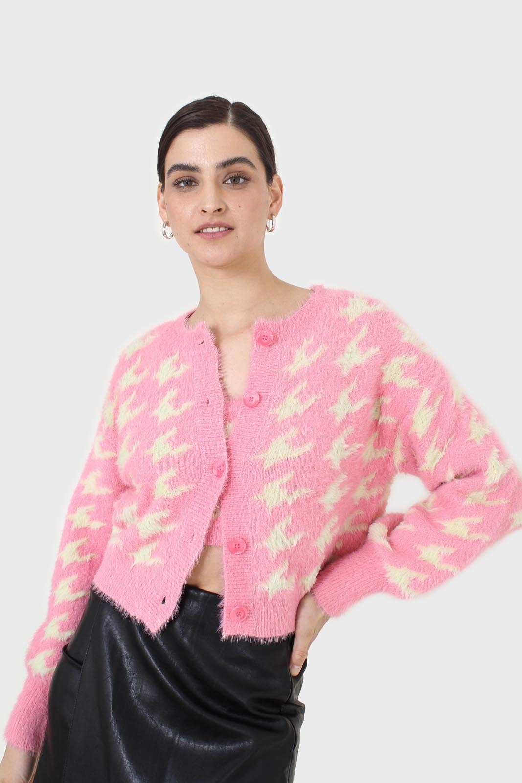 Pink and cream houndstooth fuzzy cardigan