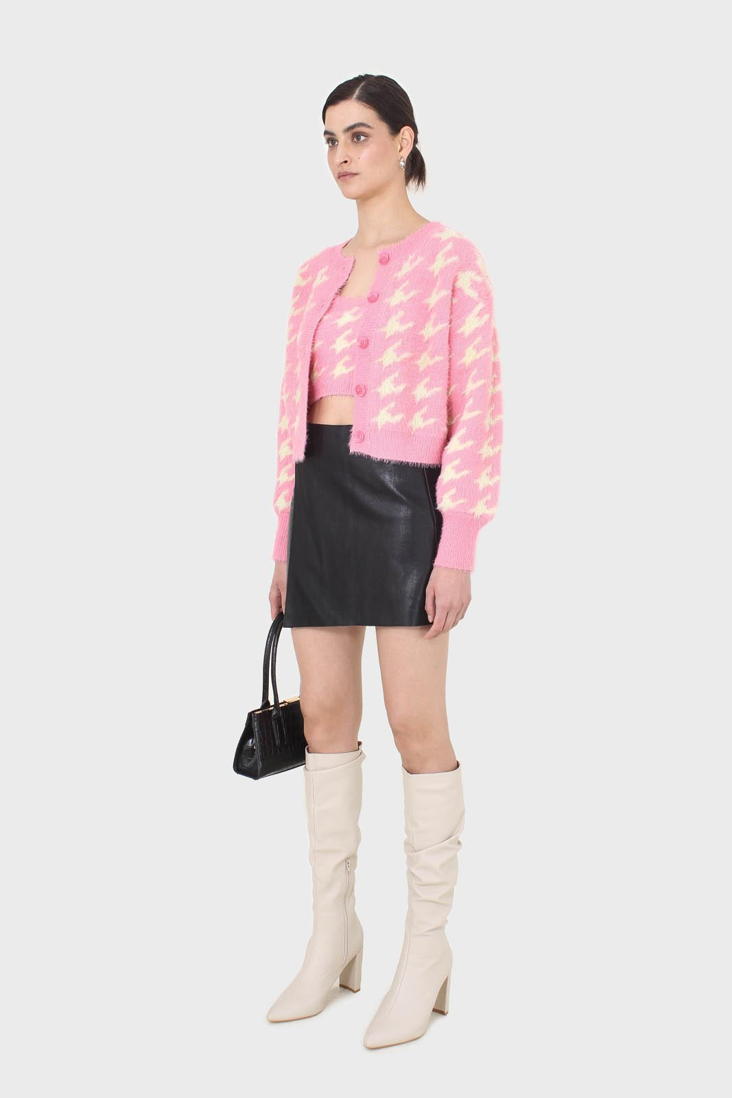 Pink and cream houndstooth fuzzy cardigan