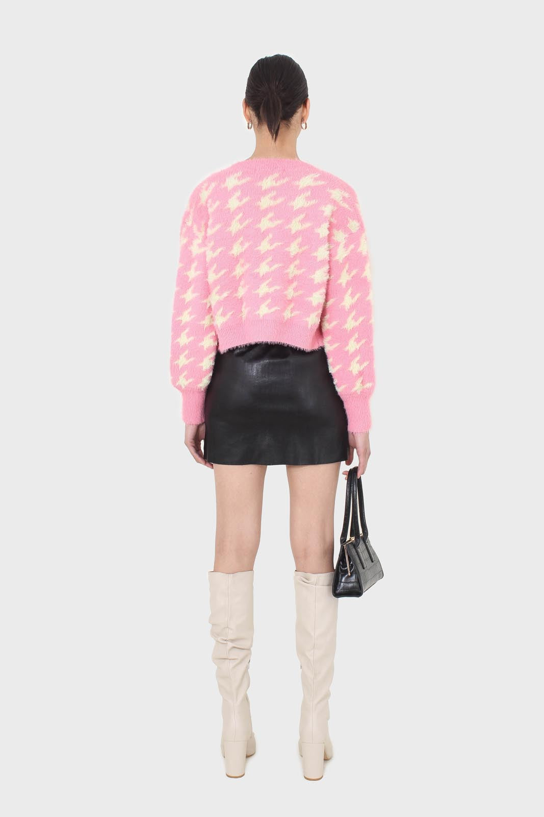 Pink and cream houndstooth fuzzy cardigan