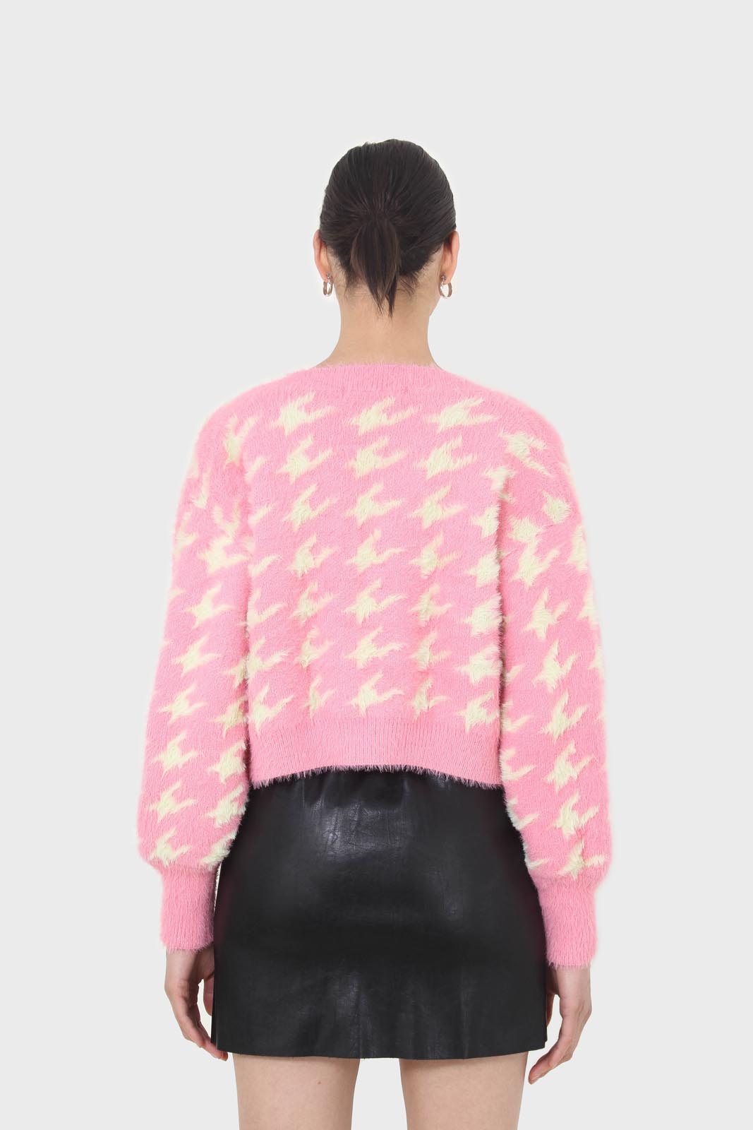 Pink and cream houndstooth fuzzy cardigan