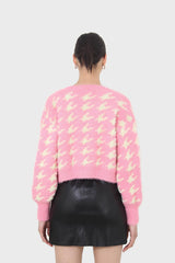 Pink and cream houndstooth fuzzy cardigan