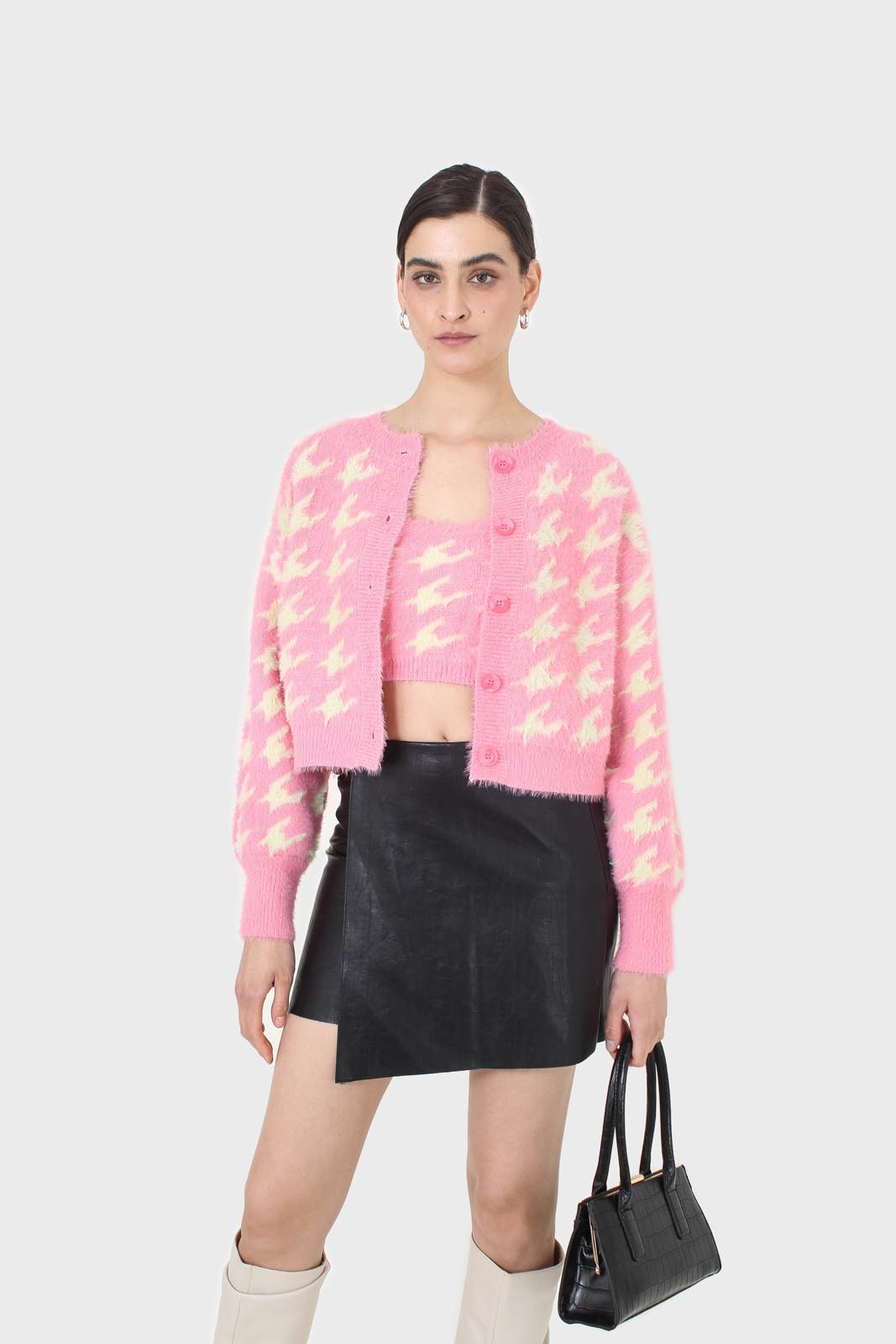 Pink and cream houndstooth fuzzy cardigan