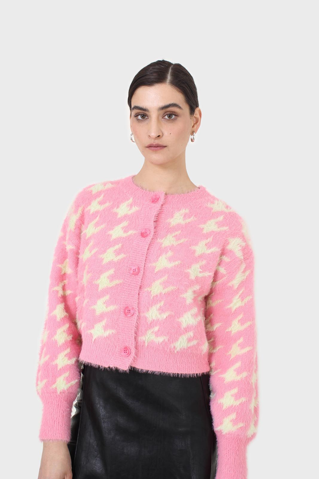Pink and cream houndstooth fuzzy cardigan