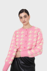 Pink and cream houndstooth fuzzy cardigan