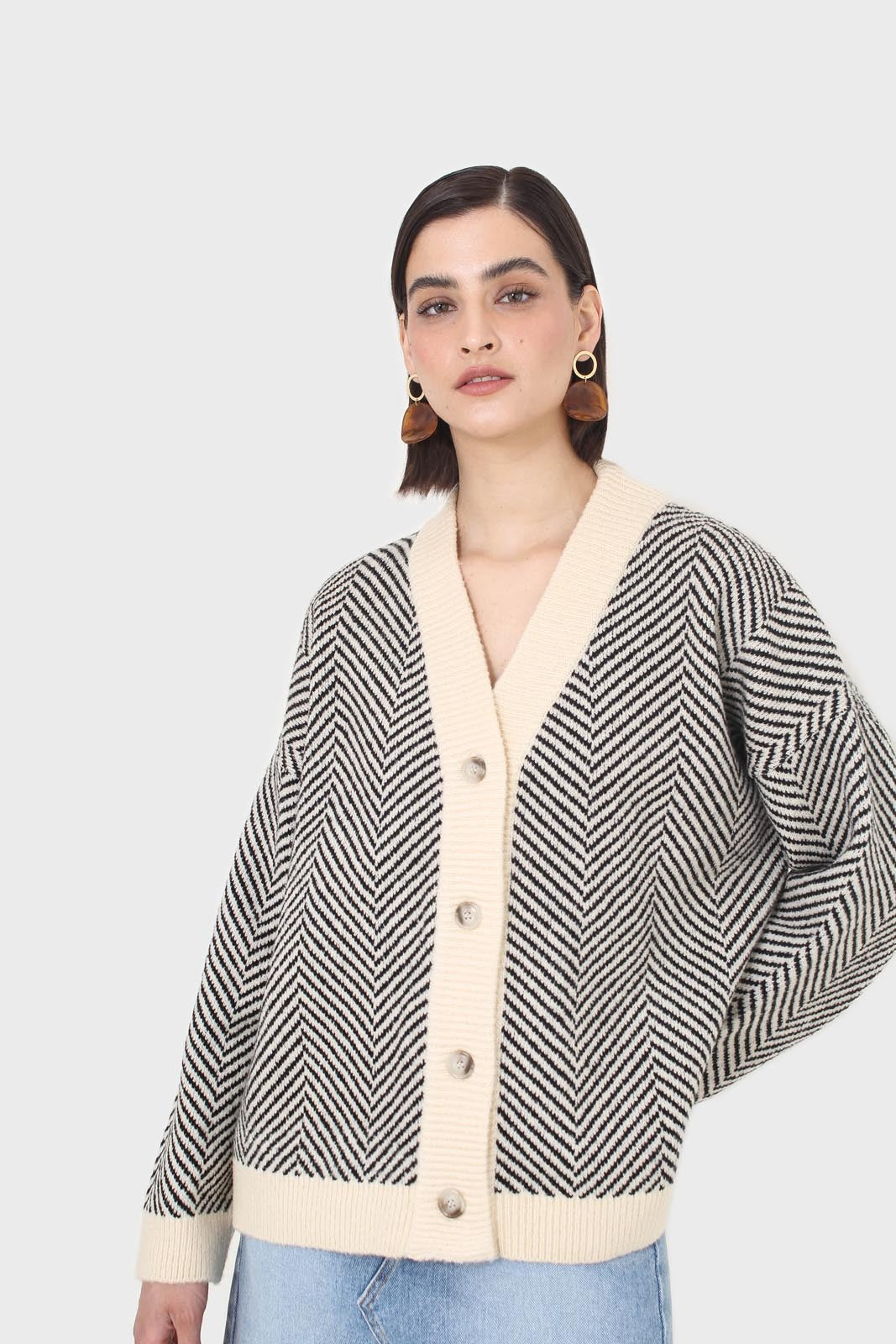 Ivory and black herringbone cardigan