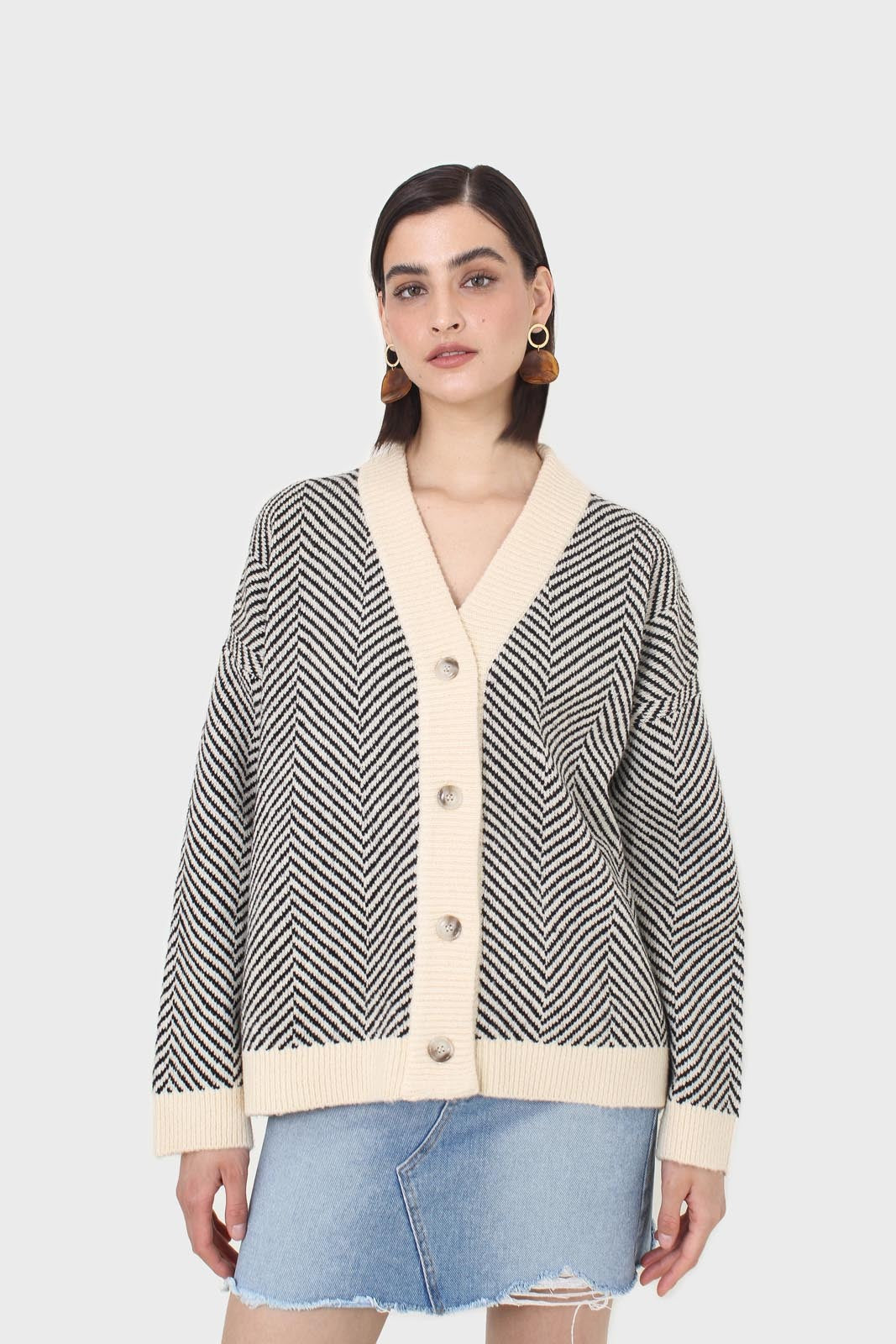 Ivory and black herringbone cardigan