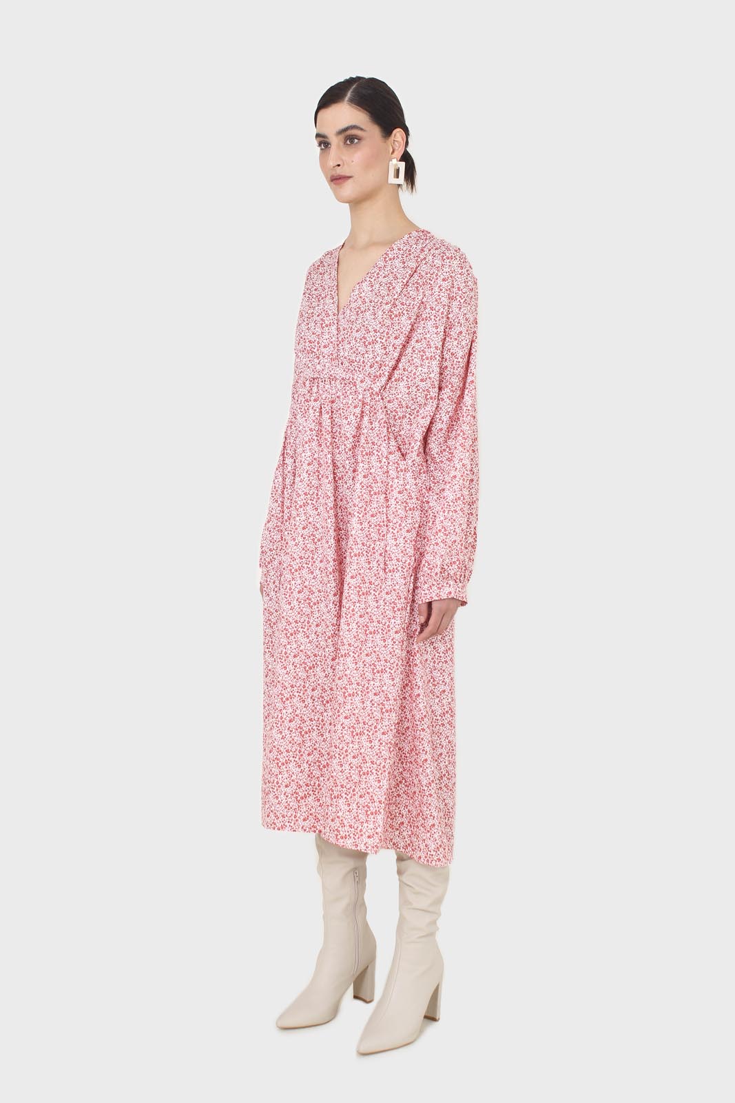 Pink and ivory floral print tie back maxi dress