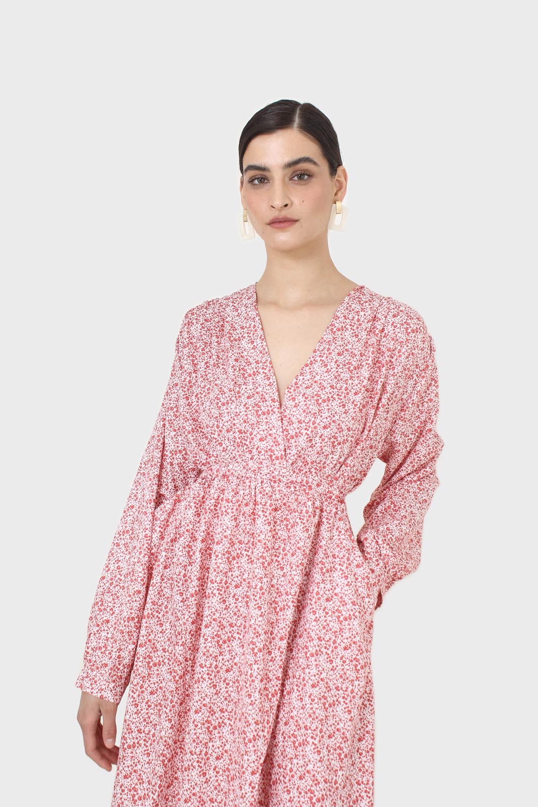 Pink and ivory floral print tie back maxi dress