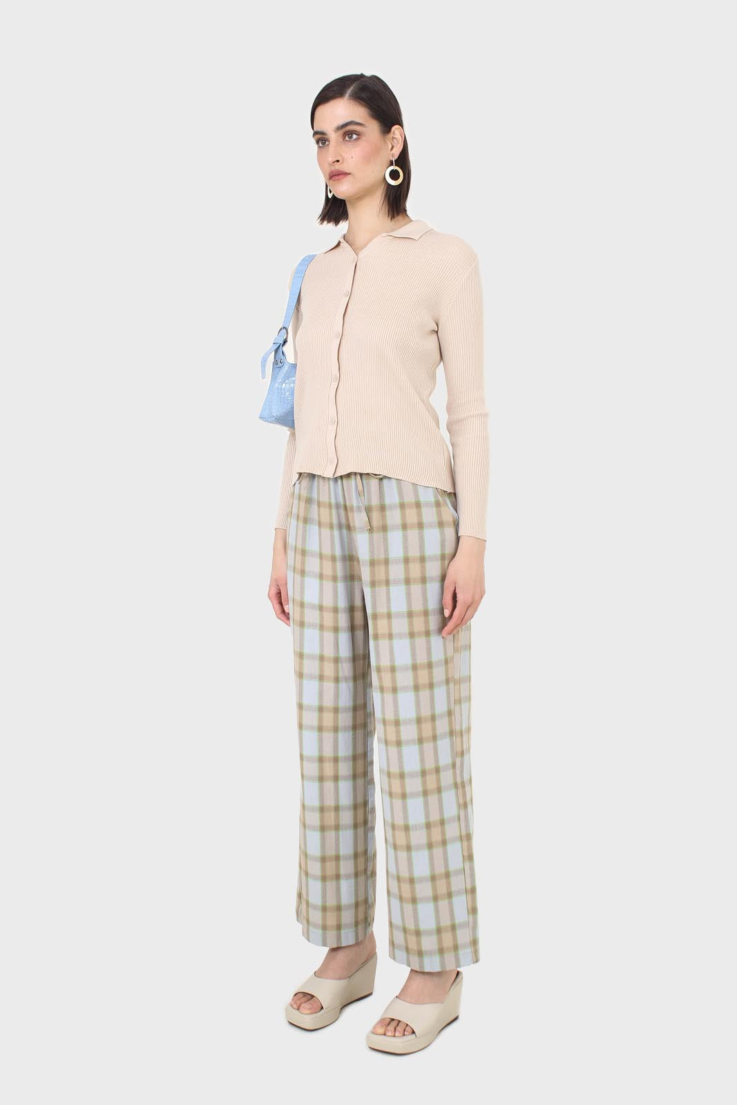 Blue and khaki plaid loose fit trousers