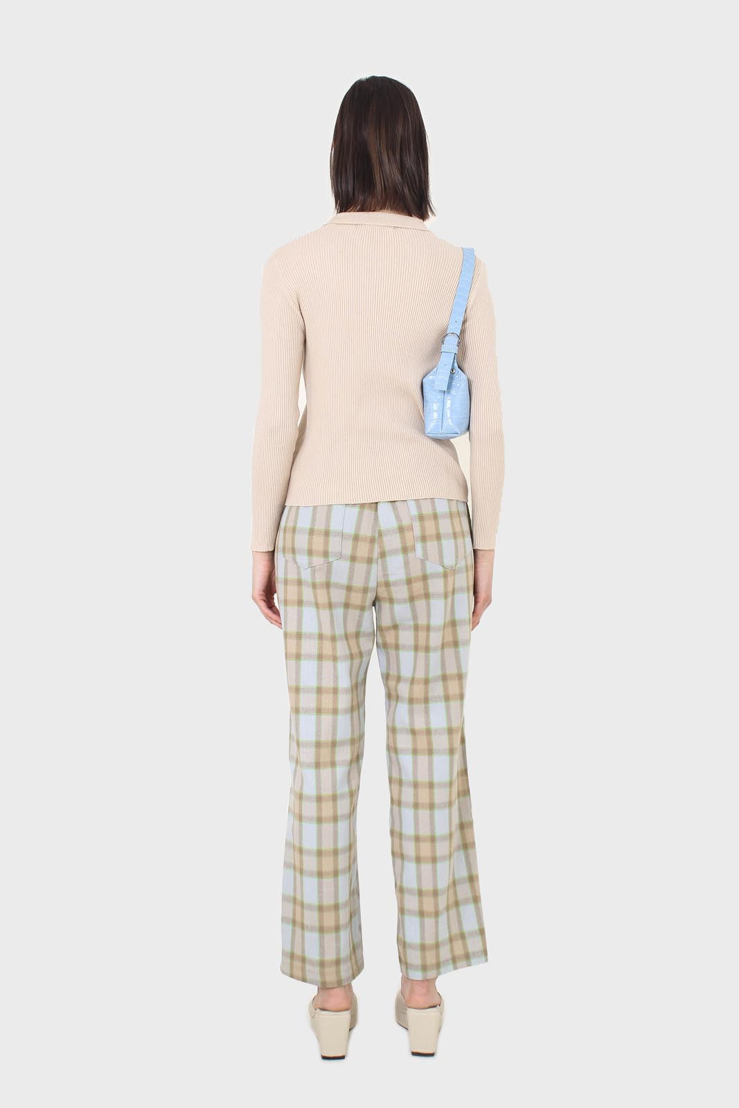 Blue and khaki plaid loose fit trousers