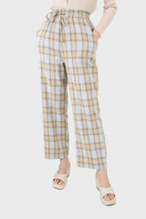 Blue and khaki plaid loose fit trousers