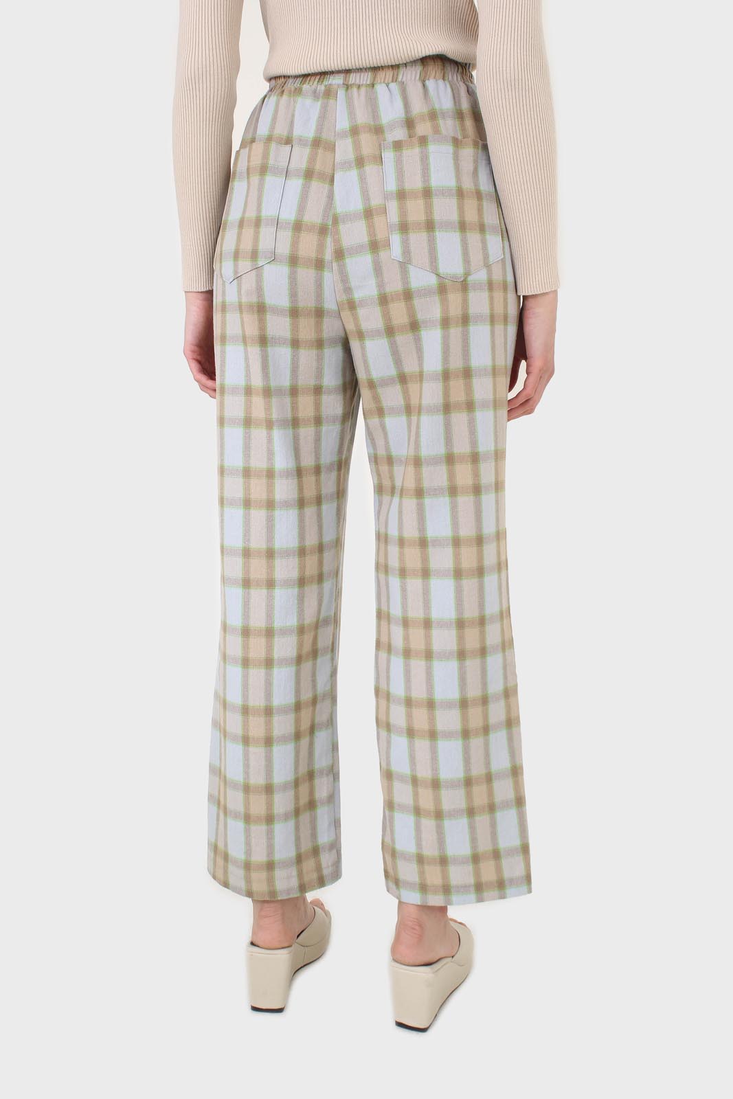 Blue and khaki plaid loose fit trousers