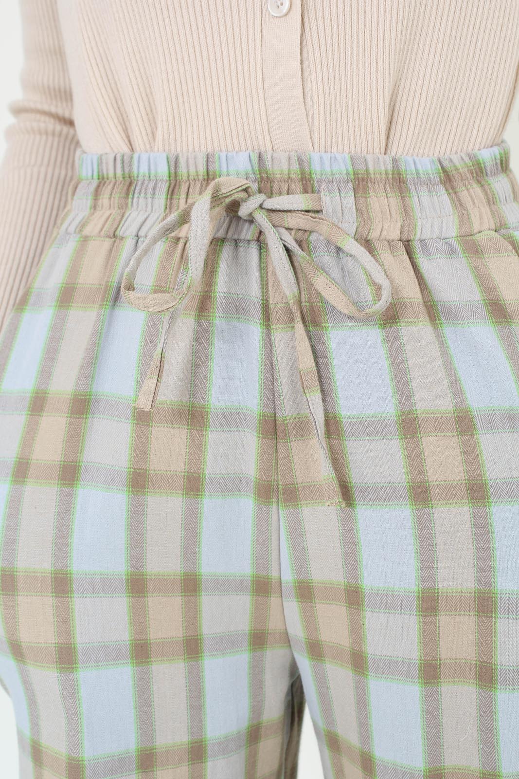 Blue and khaki plaid loose fit trousers