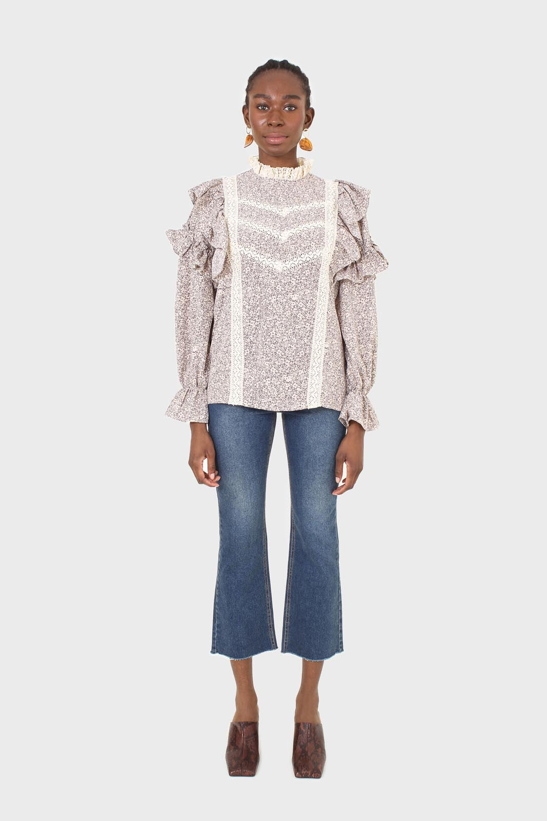 Violet and beige floral print lace trim top