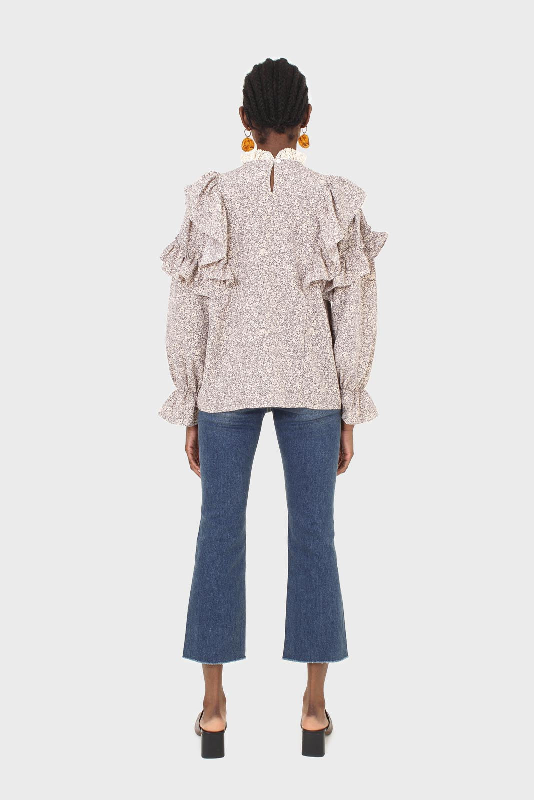 Violet and beige floral print lace trim top