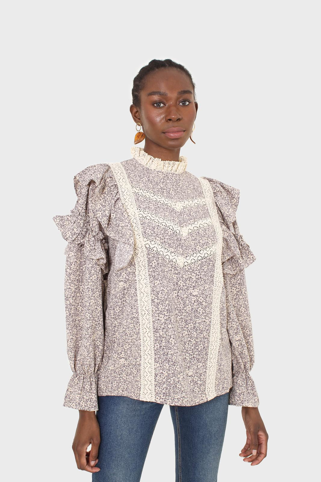 Violet and beige floral print lace trim top
