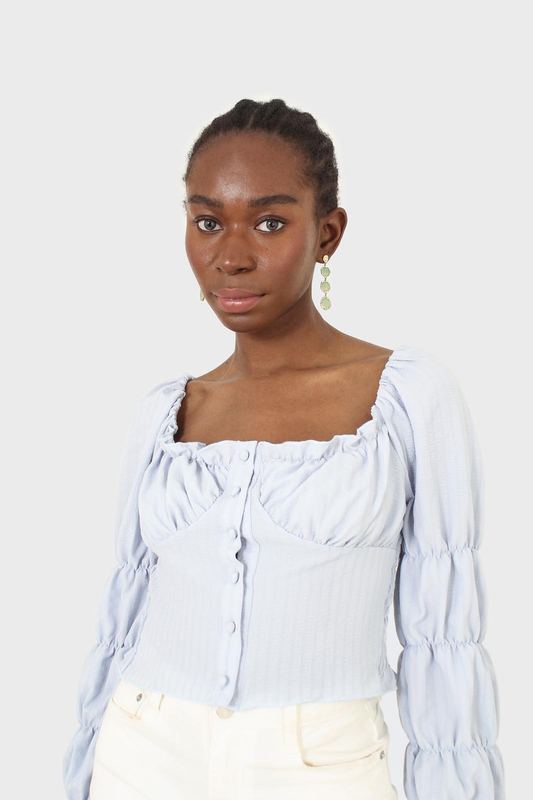 Blue button front detail bustier top