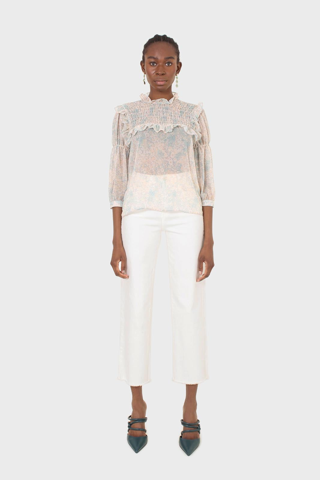 Blue watercolour printed ruched blouse