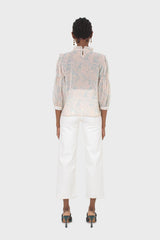 Blue watercolour printed ruched blouse