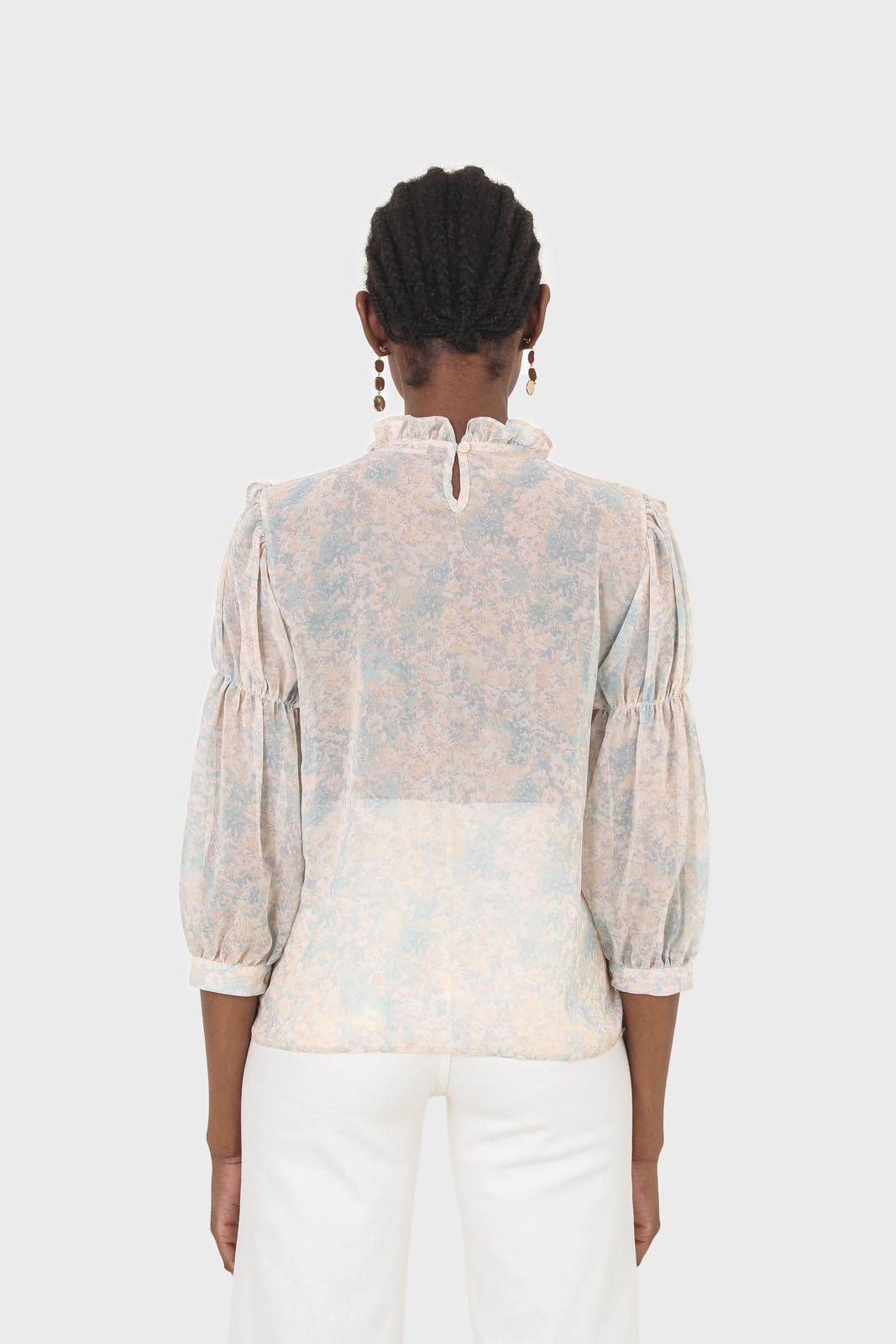 Blue watercolour printed ruched blouse