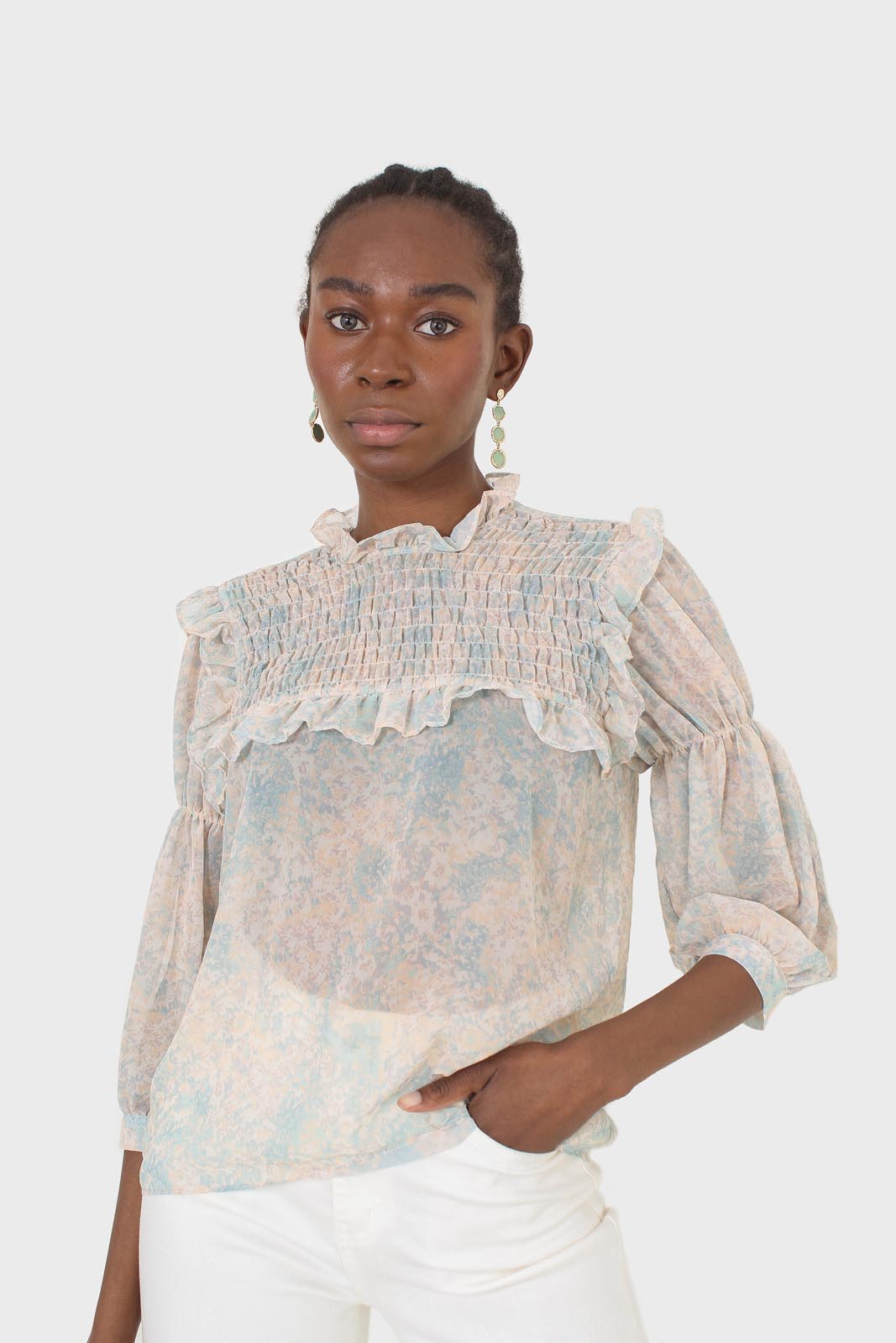 Blue watercolour printed ruched blouse