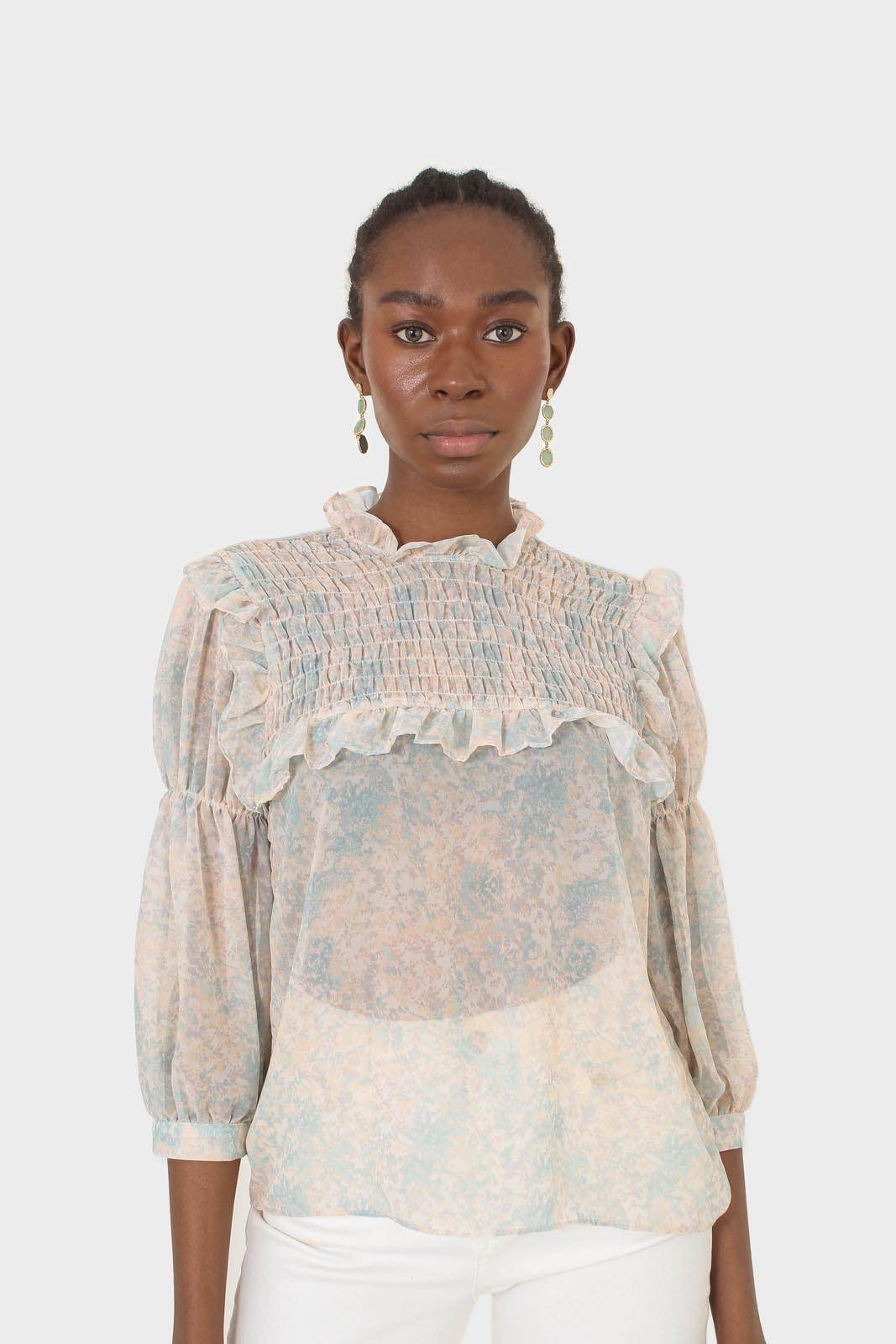 Blue watercolour printed ruched blouse
