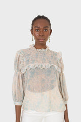 Blue watercolour printed ruched blouse