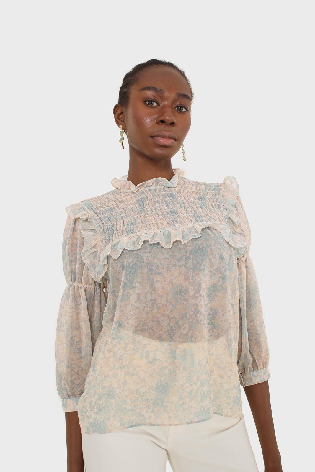 Blue watercolour printed ruched blouse