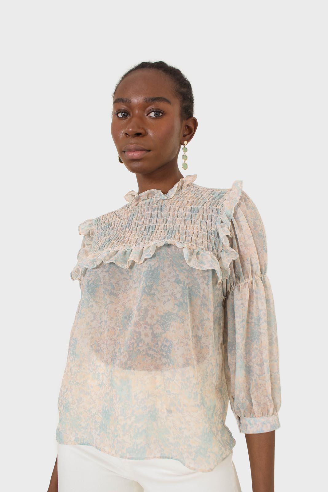 Blue watercolour printed ruched blouse