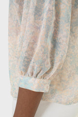 Blue watercolour printed ruched blouse