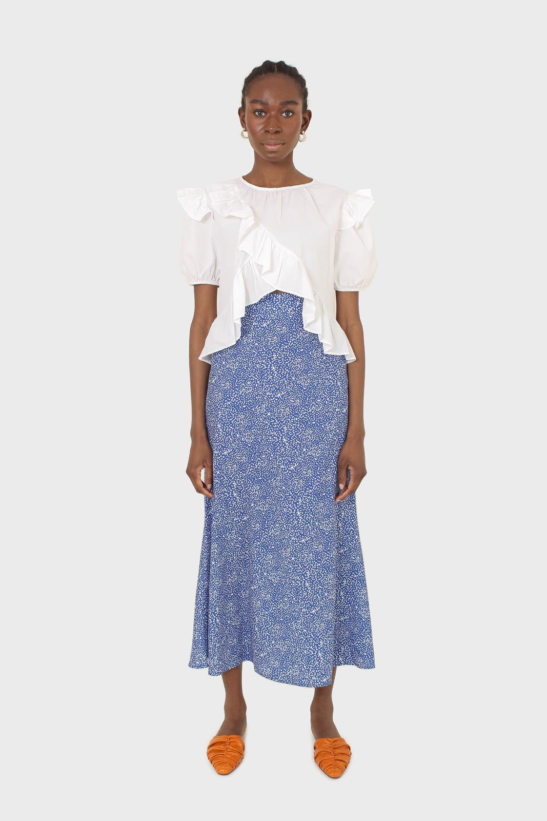 Cobalt blue and ivory dappled maxi skirt