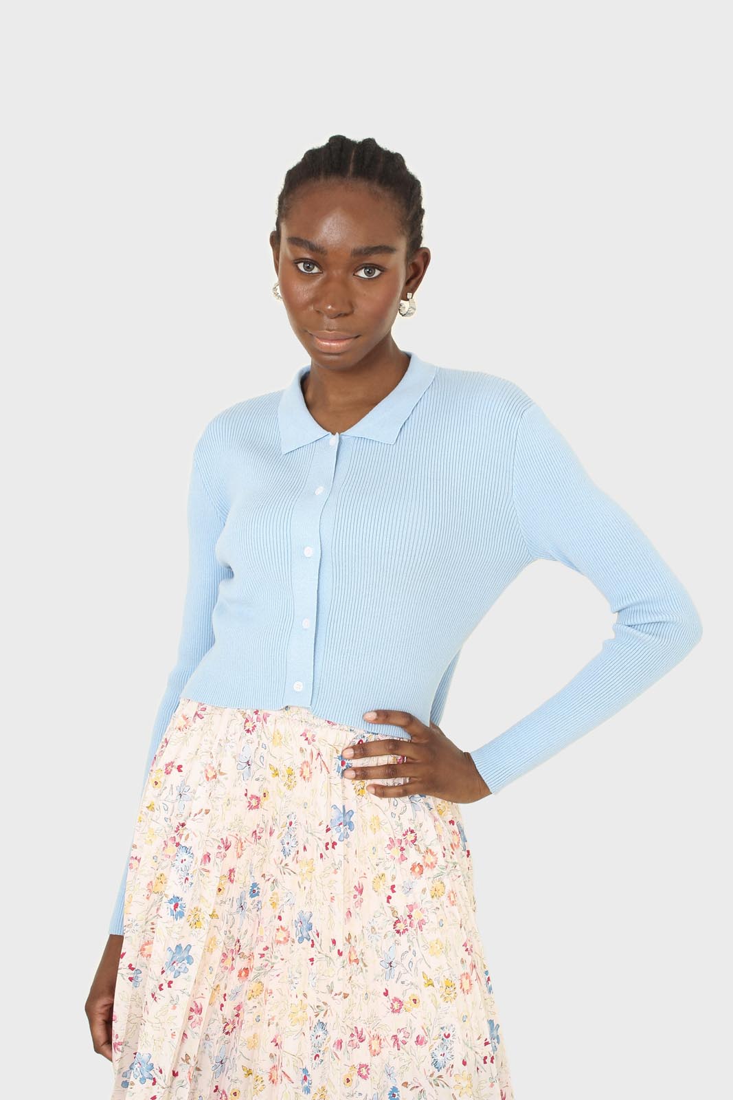 Blue polo knit long sleeve top