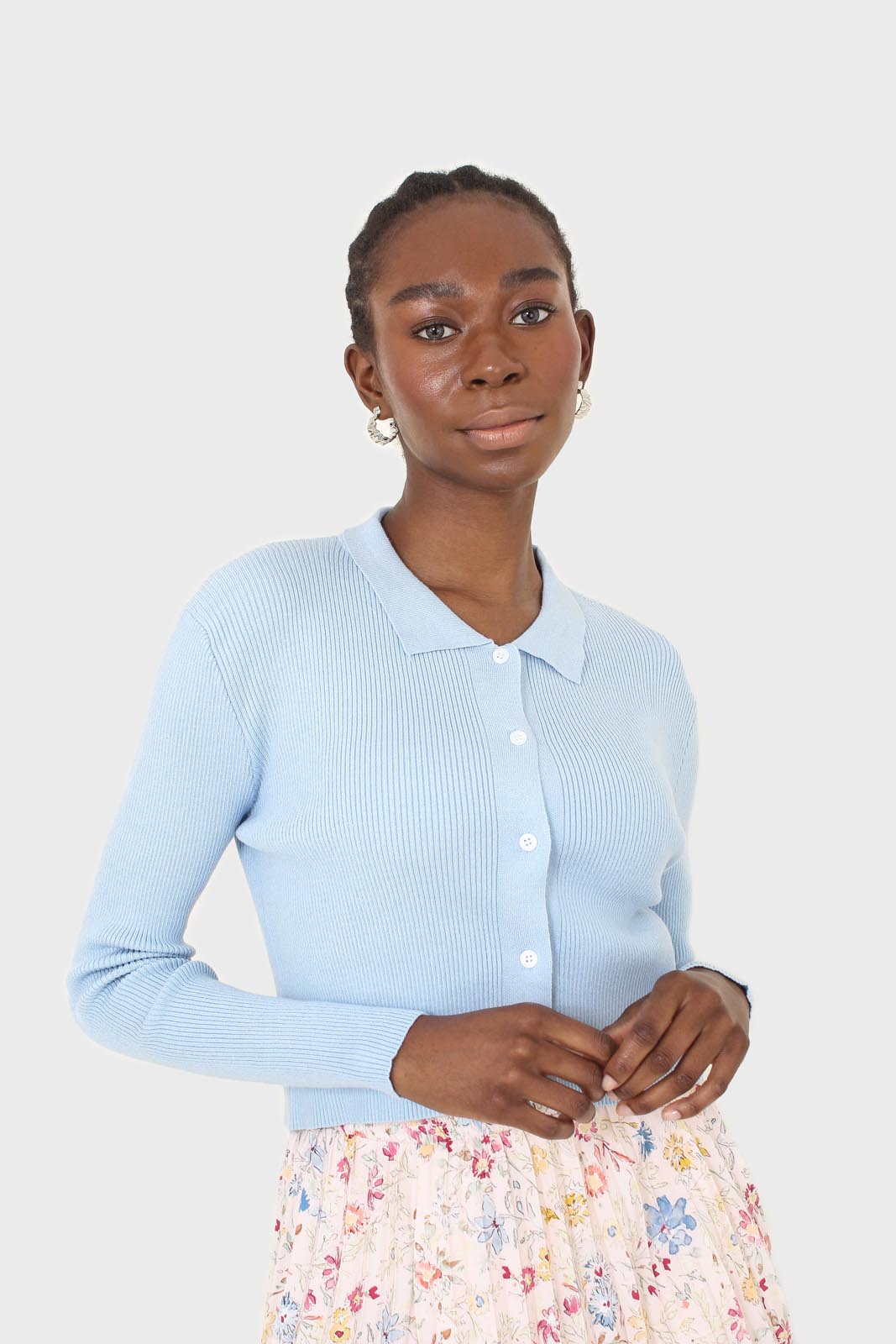 Blue polo knit long sleeve top