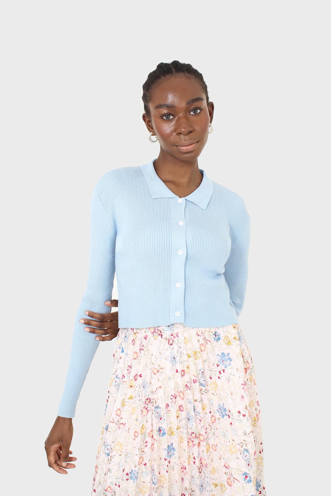 Blue polo knit long sleeve top