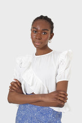 White asymmetric frill short sleeved top