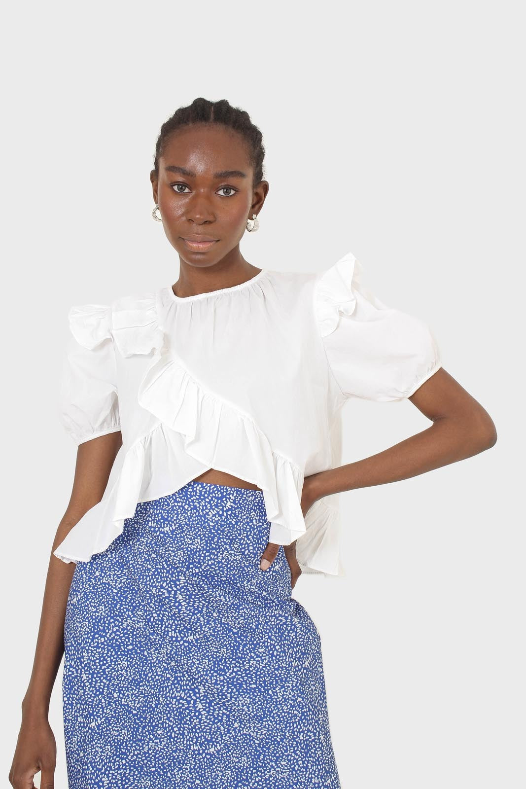 White asymmetric frill short sleeved top