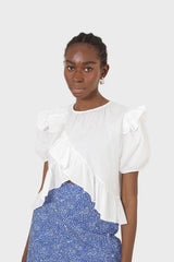 White asymmetric frill short sleeved top
