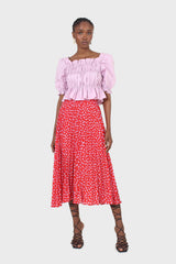 Red and pink heart print pleated midi skirt
