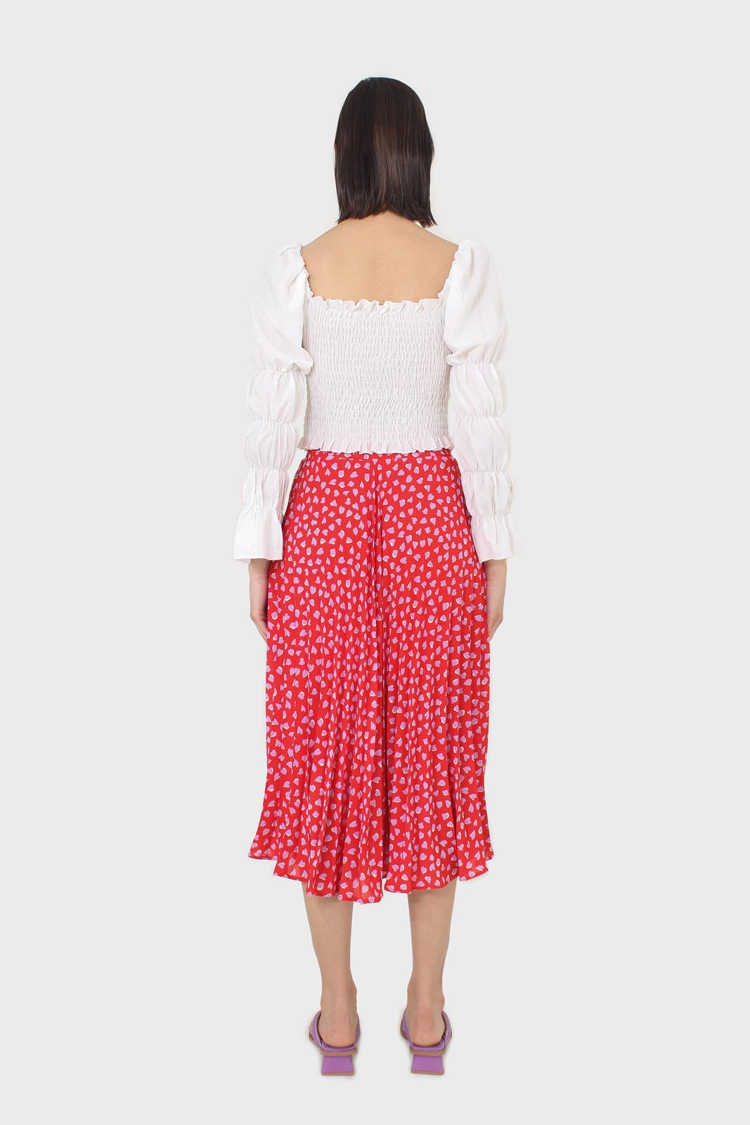 Red and pink heart print pleated midi skirt