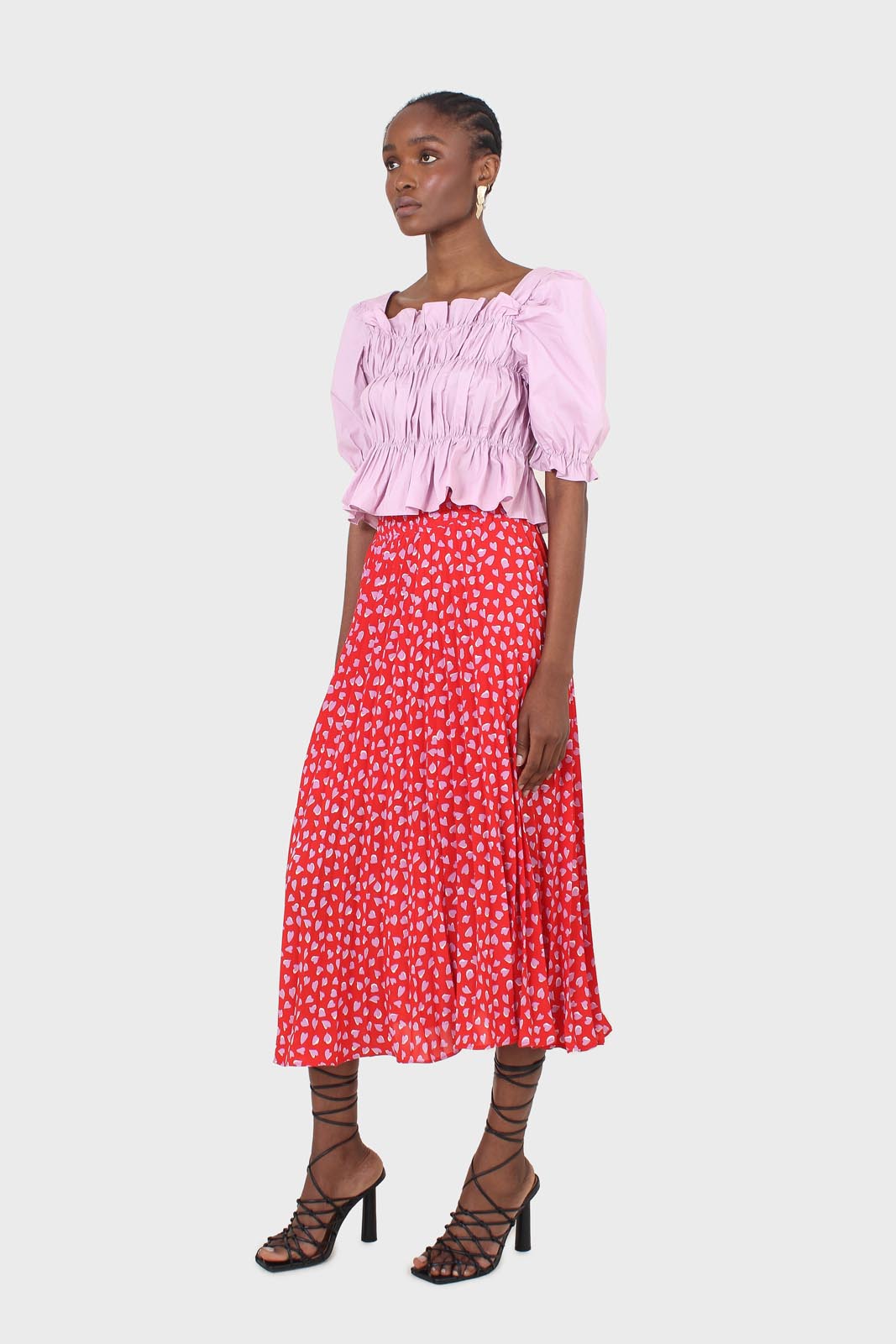 Red and pink heart print pleated midi skirt